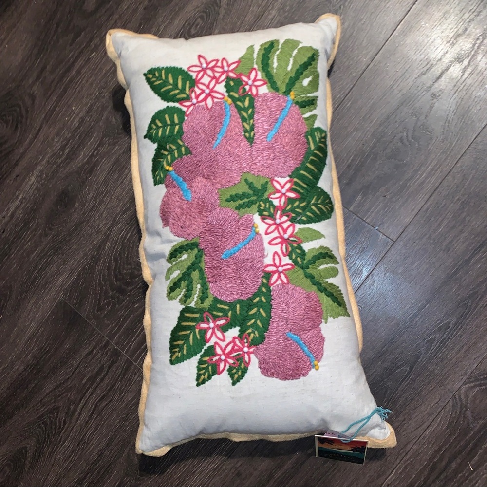 Floral Pacific Paradise Tropical Flowers Beaded  Embroidered 14x26 Pillow